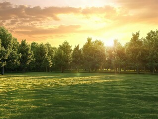 Canvas Print - Serene Green Meadow at Sunset Surrounded by Lush Trees