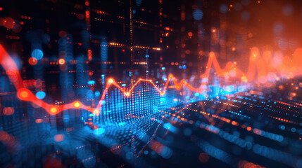 Wall Mural - abstract digital background with glowing blue and red lines and grids, representing data charts, fin