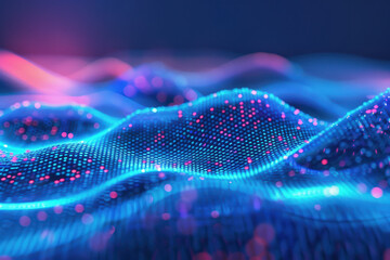 Wall Mural - abstract digital landscape with glowing blue and pink points creating a futuristic, wavy pattern on 