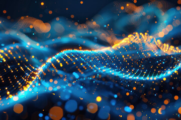 Wall Mural - abstract digital background with glowing blue and orange particles forming wave-like patterns, repre
