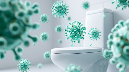 A close-up view of a toilet with floating virus particles, illustrating hygiene and health concerns in modern bathrooms.