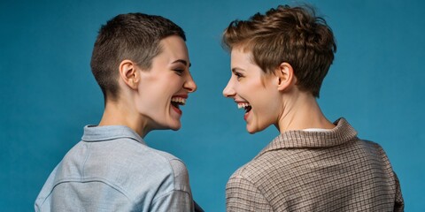 Two Happy Friends Hugging and Laughing.  This vibrant image captures the pure joy of friendship with two women sharing a moment of genuine laughter and connection. 