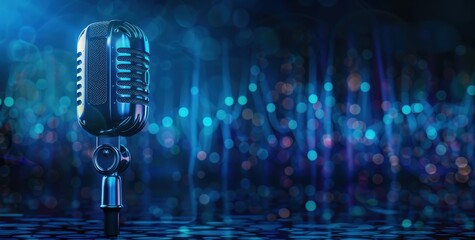 Wall Mural -  microphone with sound waves in the background on blue digital art style background