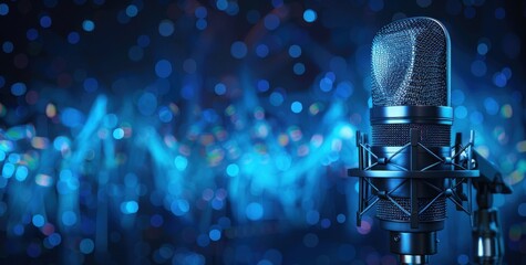 Wall Mural -  microphone with sound waves in the background on blue digital art style background