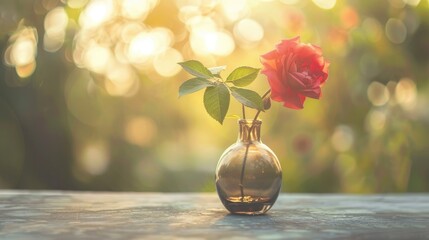 Sticker - Vase with rose on tabletop with nature background