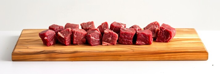 Wall Mural - Chunks of raw beef arranged neatly on a smooth wooden board in a simple, clean setting