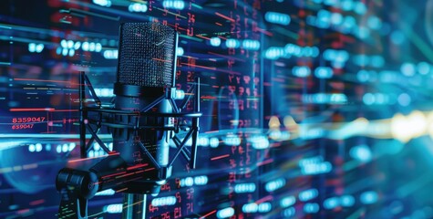Wall Mural - microphone on blue background with sound waves and digital data. 