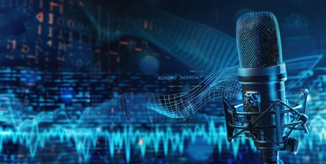 Wall Mural - microphone on blue background with sound waves and digital data. 