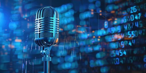 Wall Mural - microphone on blue background with sound waves and digital data. 