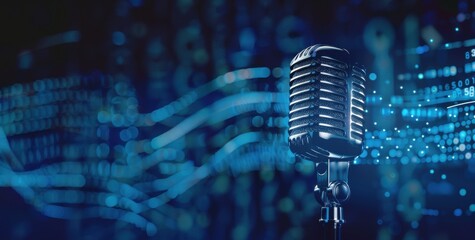 Wall Mural - microphone on blue background with sound waves and digital data. 