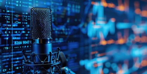 Wall Mural - microphone on blue background with sound waves and digital data. 