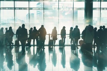 Wall Mural - Back view of people standing in a long security line at an airport, with many passengers carrying luggage waiting to pass through the gangway and check-in counter in the background.