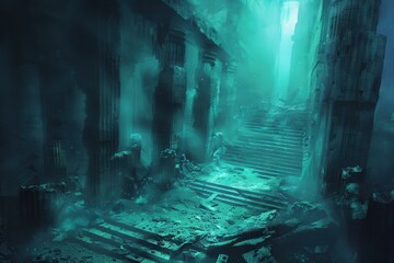 Wall Mural - Ancient ruins of an underwater city with a mysterious atmosphere