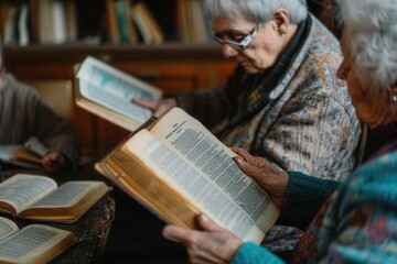 Poster - Elderly people study foreign languages using textbooks and dictionaries in a cozy library setting, demonstrating their commitment to lifelong learning. Generative AI