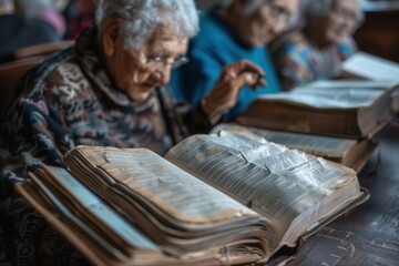 Poster - A group of elderly people studies foreign languages using textbooks and dictionaries in a cozy and inviting room. Generative AI