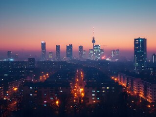 Sticker - Twilight Cityscape with Prominent Tower and Glowing City Lights