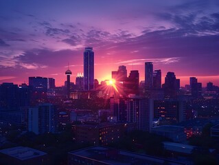 Sticker - Dramatic Skyline at Twilight with Glowing Cityscape and Prominent Tower