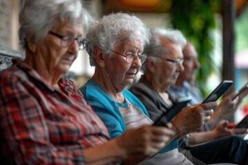 Aufkleber - A group of elderly people focus on their tablets, enjoying a quiet afternoon together in a relaxed indoor environment. Generative AI