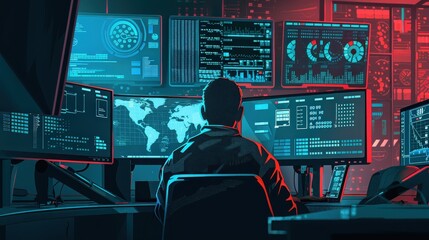 Analyst Monitoring Global Data on Multiple Screens
