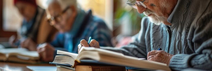 Poster - Elderly learners focus on foreign languages, using textbooks and dictionaries to enhance their skills in a warm, inviting study atmosphere. Generative AI