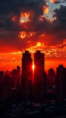 Sticker - Dramatic Silhouetted Skyscrapers Against a Fiery Sunset Cityscape