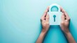 © Alex - Hands Holding White Padlock on Light Blue Background, Cybersecurity and Data Protection Concept, Privacy and Security, Lockdown Symbol, Digital Safety