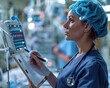 © frank29052515 - Monitoring Patient's Vital Signs in ICU - Nurse Taking Notes on Clipboard with Heart Rate Displayed on Screen