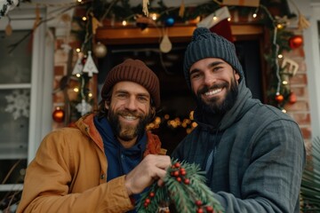 Two men, warmly dressed and smiling, work together to decorate the exterior of their house with festive holiday garlands and lights, spreading seasonal joy and cheer.