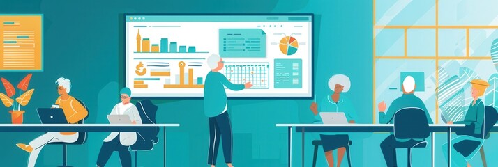 Poster - A group of elderly individuals participates in an interactive workshop, sharing knowledge and experiences in a vibrant community center. Generative AI