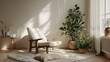 © thien - Tranquil Scandinavian Minimalist Living Room with Cozy Nook and Soft Neutrals Bathed in Natural Light