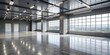 © sompon - Light gallery hall with gunmetal gray wall, glossy concrete floor, and bright windows, gallery, hall, gunmetal gray