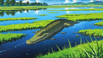 Wall Mural - alligator in marsh background anime cartoon illustration