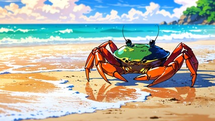 Wall Mural - crab on beach background anime cartoon illustration