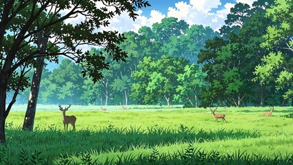 Wall Mural - deer in savannah grassland background anime cartoon illustration