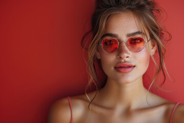 a happy cool young woman wearing heart shaped sunglasses