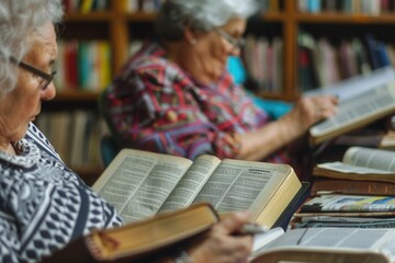 Poster - Two elderly individuals concentrate on studying foreign languages using textbooks and dictionaries in a serene library environment. Generative AI