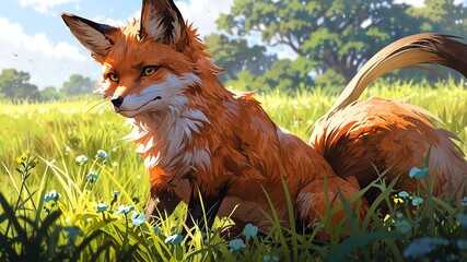 fox in savannah grassland background anime cartoon illustration