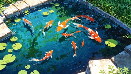 Wall Mural - koi fish in pond background anime cartoon illustration