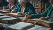 © Анатолий Сав - Elderly learners focus on studying foreign languages using textbooks and dictionaries at a warm and inviting library. Generative AI