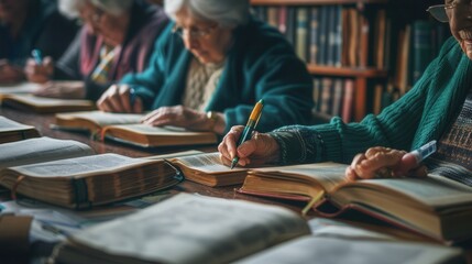 Poster - Elderly learners focus on studying foreign languages using textbooks and dictionaries at a warm and inviting library. Generative AI