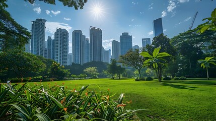 Sticker - Vibrant Urban Oasis Embraced by Towering Skyscrapers