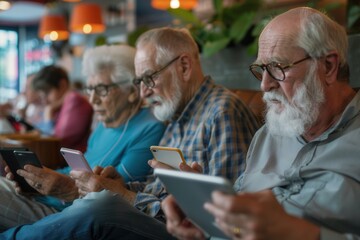 Aufkleber - A group of elderly people is absorbed in their smartphones while sitting together in a warm café atmosphere during a late afternoon. Generative AI