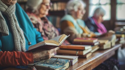 Poster - Elderly individuals study foreign languages together, using textbooks and dictionaries in a cozy community library setting. Generative AI