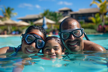 A cheerful girl enjoys time with her smiling parents in goggles in a swimming pool during summer fun at a tropical resort