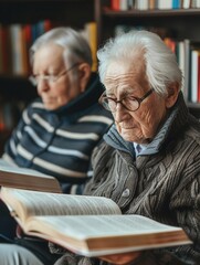 Poster - Two elderly people are deeply focused on studying foreign languages using textbooks and dictionaries in a comfortable library setting. Generative AI