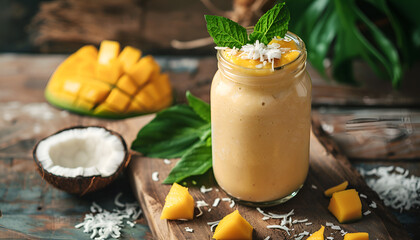 Wall Mural - Banana mango smoothie with coconut in a glass jar, vintage wooden background