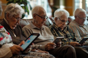 Aufkleber - Elderly individuals sit closely together, focused on their devices, enjoying a quiet afternoon in a warm and inviting retirement home setting. Generative AI