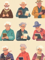 Poster - A group of elderly people are absorbed in reading books, showcasing their varied expressions and styles in a cozy artistic arrangement. Generative AI