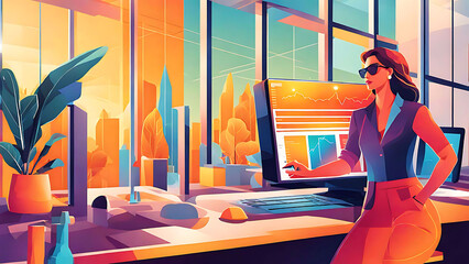 Wall Mural - data-analyst female male working data shiny sunny color vibrant modern digital illustration