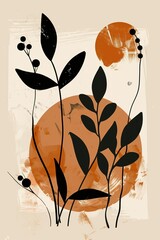 Artistic illustration featuring black plant silhouettes on a textured background with an abstract orange circle element.